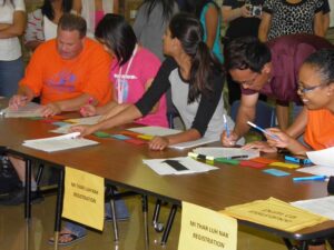 People sitting at the registration area